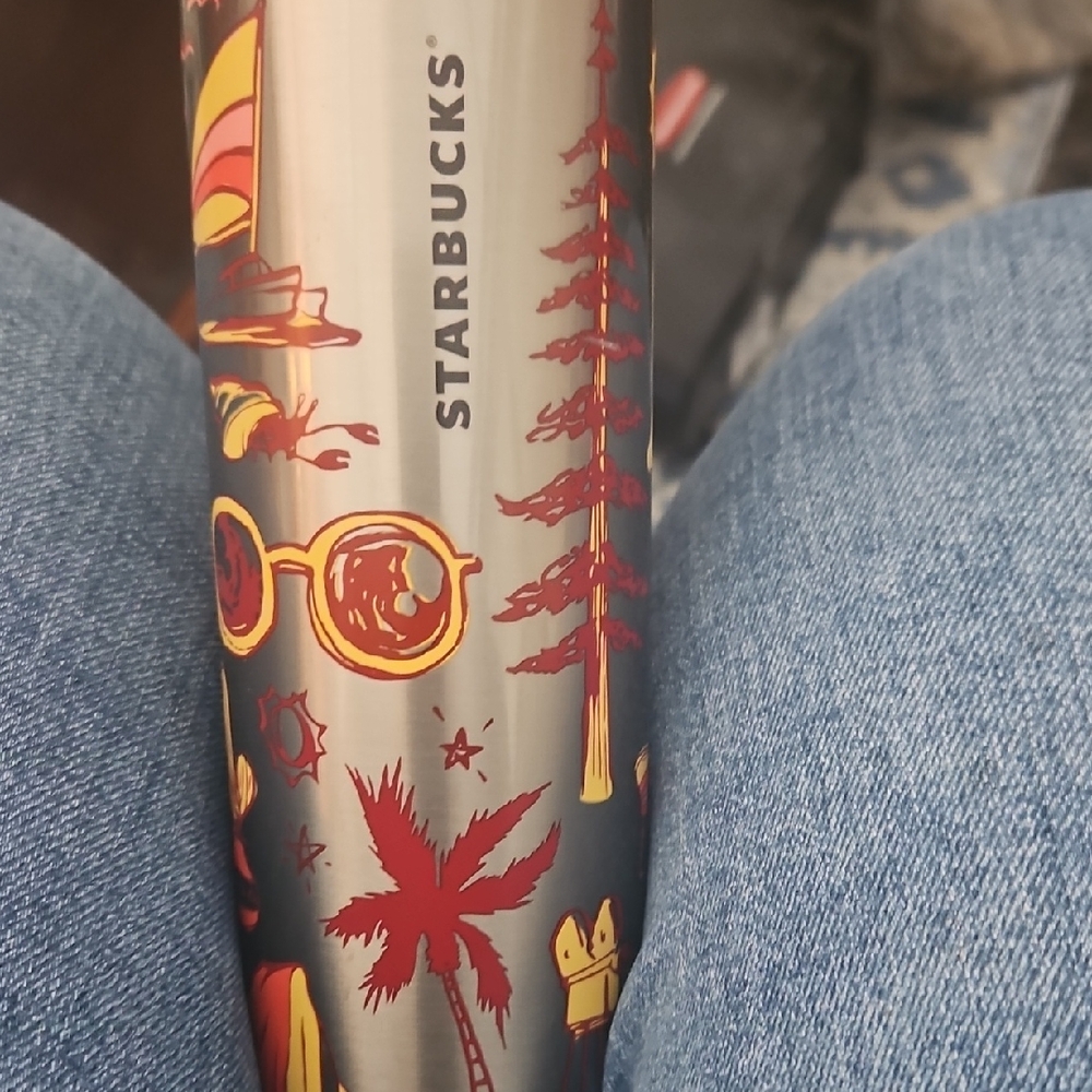Starbucks Tumbler with Red and Gold Graphics